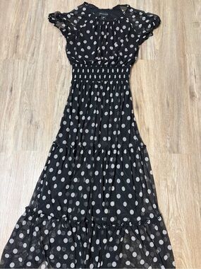 Polka Dot Black Maxi Dress with Smocked Waist